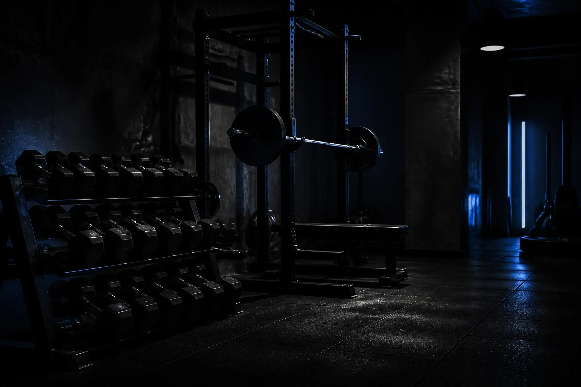 Dark industrial gym with dumbbells and a loaded barbell