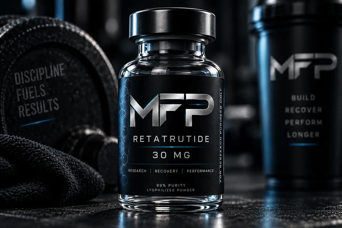 MFP peptide vial on a dark gym surface